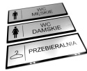 Tabliczka na drzwi WC MĘSKIE DAMSKIE PRZEBIERALNIA 21x7 cm SREBRO GRAWER