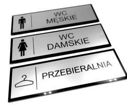 Tabliczka na drzwi WC MĘSKIE DAMSKIE PRZEBIERALNIA 21x7 cm SREBRO GRAWER