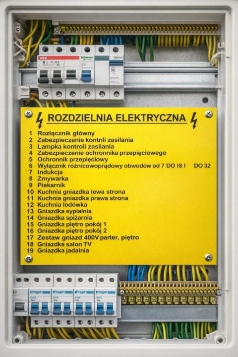 Tablica opisowa na rozdzielnię elektryczną 30 × 18 cm – laminat żółty, grawerowana