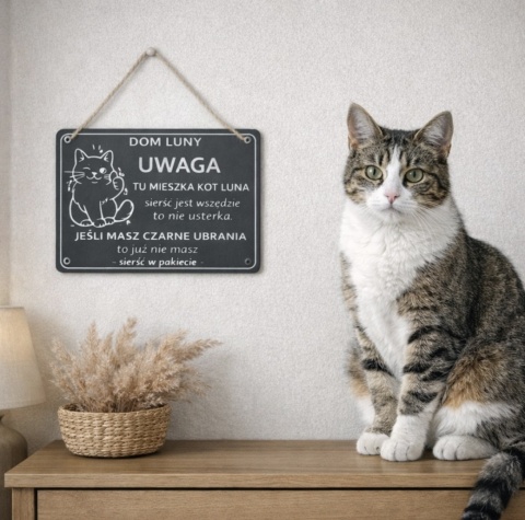 Tabliczka - Tu mieszka kot z humorem – dekoracja na drzwi ze sznurkiem
