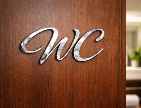 WC napis - plexi 3D – lustro srebrne – elegancki napis na drzwi