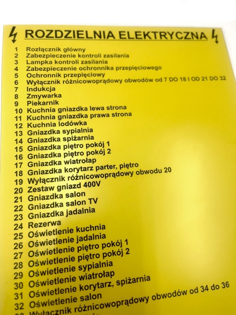 Tablica opisowa na rozdzielnię elektryczną 30 × 18 cm – laminat żółty, grawerowana